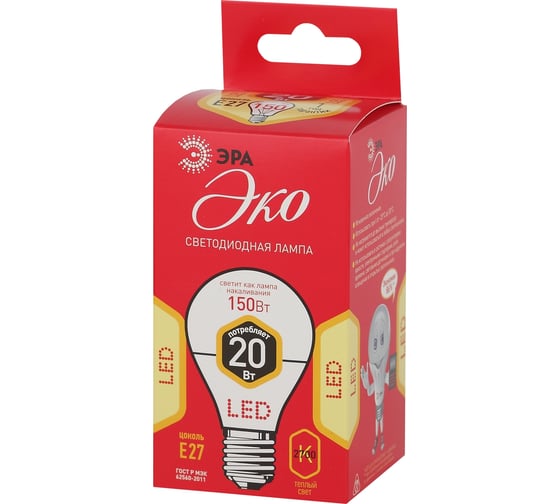 Светодиодная ламап ЭРА ECO LED A65 20W 827 E27 диод, груша, 20Вт, теплый, E27 Б0031709