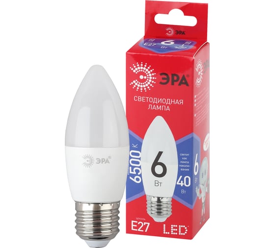 Светодиодная лампа ЭРА LED B35 6W 865 E27 R диод, свеча, 6Вт, холодный, E27 Б0045340