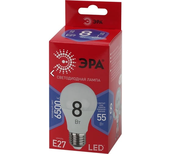 Светодиодная лампа ЭРА LED A60 8W 865 E27 R диод, груша, 8Вт, холодный, Б0045323