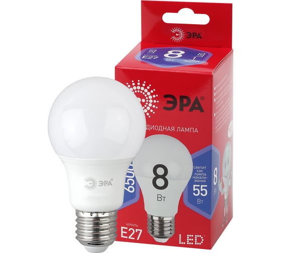 Светодиодная лампа ЭРА LED A60 8W 865 E27 R диод, груша, 8Вт, холодный, Б0045323