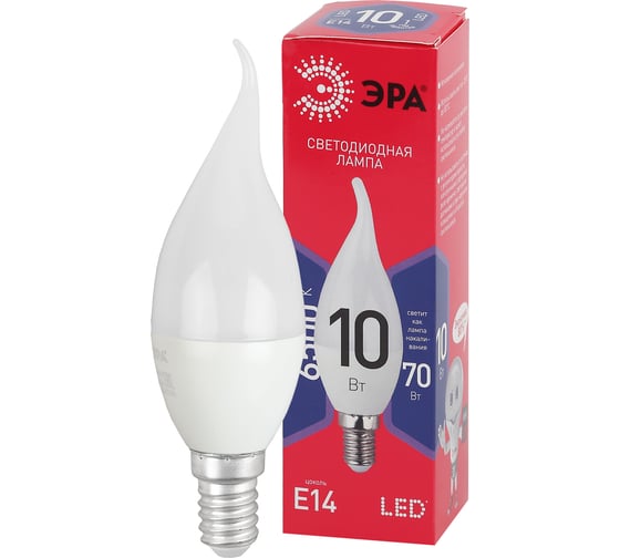 Светодиодная лампа ЭРА LED BXS 10W 865 E14 R диод, свеча на ветру, 10Вт, холодный, Б0045343