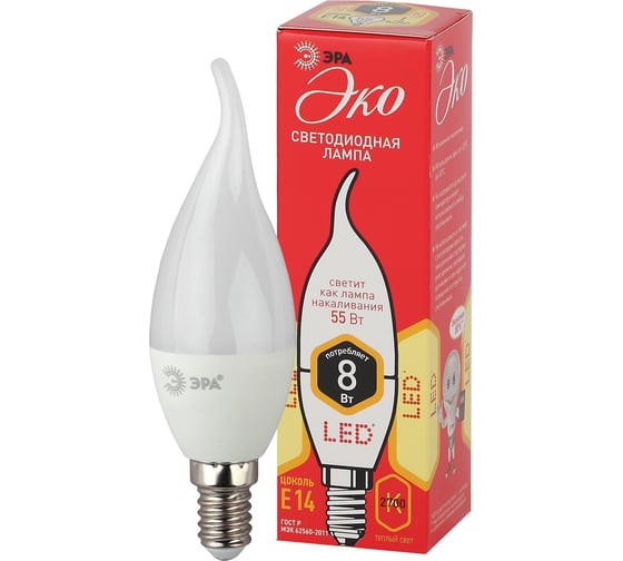 Светодиодная лампа ЭРА ECO LED BXS 8W 827 E14 диод, свеча на ветру, 8Вт, теплый, Б0040883