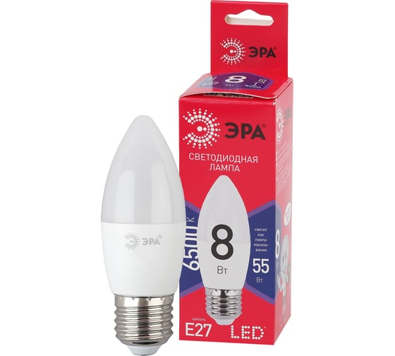 Светодиодная лампа ЭРА LED B35 8W 865 E27 R диод, свеча, 8Вт, холодный, E27 Б0045342