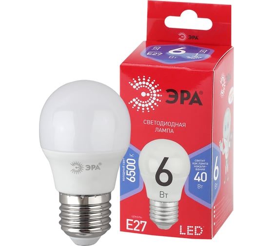 Светодиодная лампа ЭРА LED P45 6W 865 E27 R диод, шар, 6Вт, хол, Б0045357