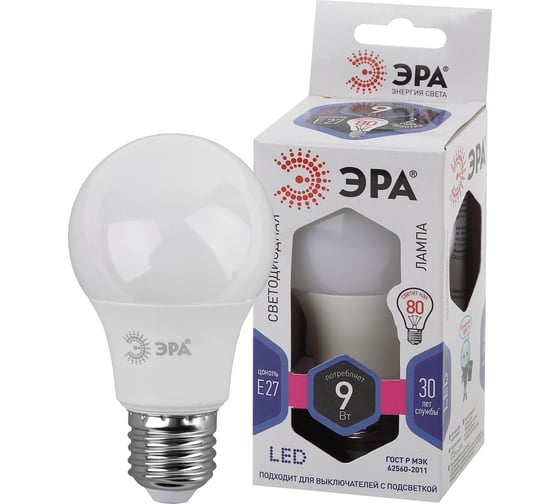 Светодиодная лампа ЭРА LED A60 9W 860 E27 диод, груша, 9Вт, холодный, Б0032248