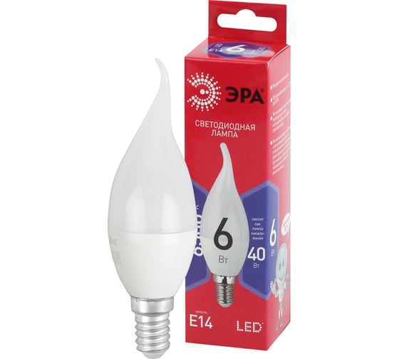Светодиодная лампа ЭРА LED BXS6W865E14 R, свеча на ветру, 6Вт, холодный, E14 Б0045344