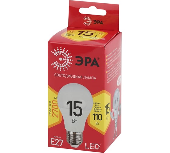 Светодиодная лампа ЭРА LED A6015W827E27 R, груша, 15Вт, теплый, E27 Б0046355