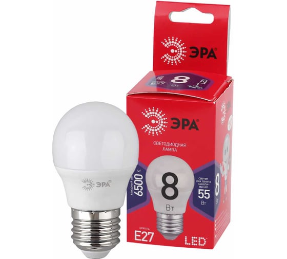 Светодиодная лампа ЭРА LED P458W865E27 R, шар, 8 Вт, холодный, E27 Б0045359
