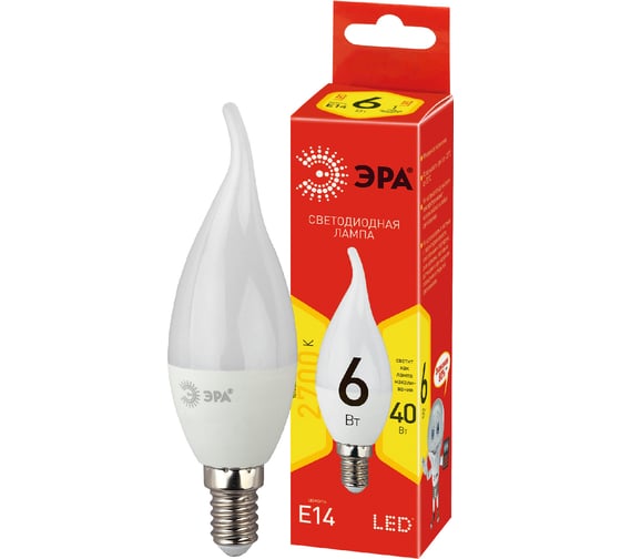 Светодиодная лампа ЭРА ECO LED BXS-6W-827-E14 свеча на ветру, 6 Вт, теплый, E14 Б0040881