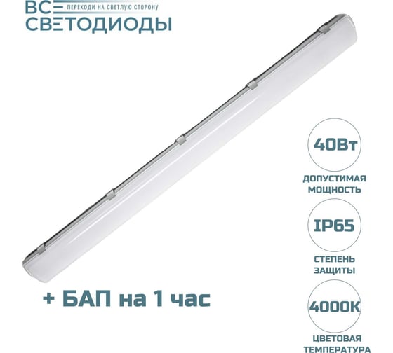 Светодиодный аварийный светильник ВСЕСВЕТОДИОДЫ  Айсберг 40Вт, 4000К, опал, 5000 Лм, БАП на 1 час vs101m-40-op-4k-li1h