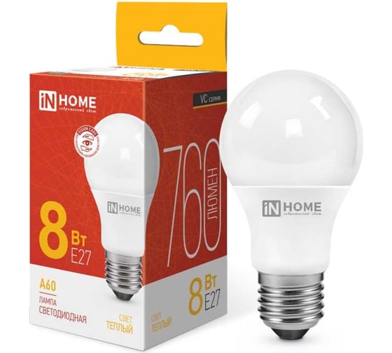 Светодиодная лампа IN HOME LED-A60-VC 8Вт 230В Е27 3000К 760Лм 4690612024004 1
