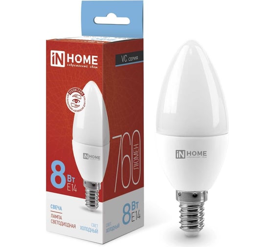 Светодиодная лампа IN HOME LED-СВЕЧА-VC 8Вт 230В Е14 6500К 760Лм 4690612024806