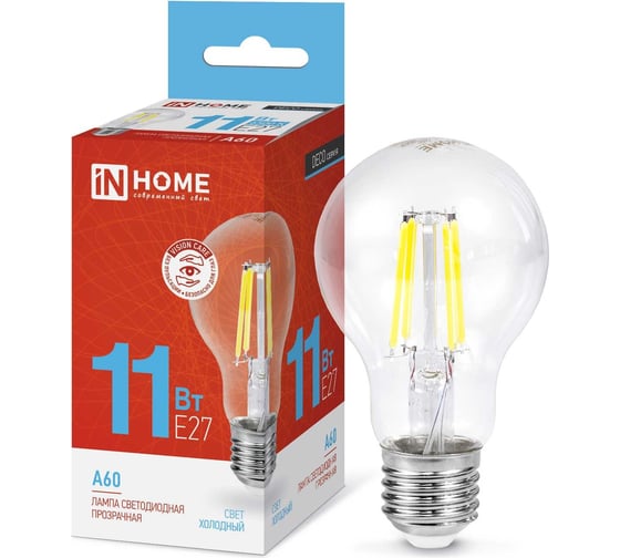 Светодиодная лампа IN HOME LED-A60-deco 11Вт 230В Е27 6500К 1160Лм прозрачная 4690612026169 1