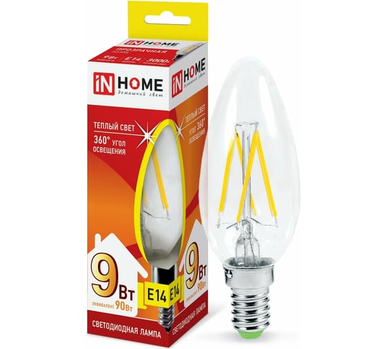 Светодиодная лампа IN HOME LED-СВЕЧА-deco 9Вт 230В Е14 3000К 810Лм прозрачная 4690612026183