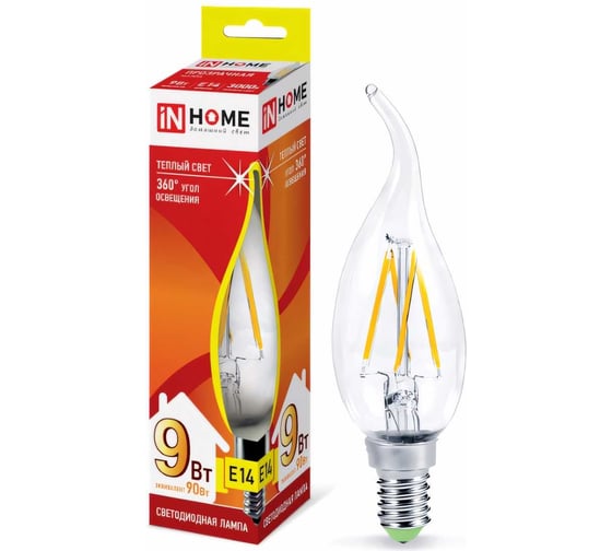 Светодиодная лампа IN HOME LED-СВЕЧА НА ВЕТРУ-deco 9Вт 230В Е14 3000К 810Лм прозрачная 4690612026220