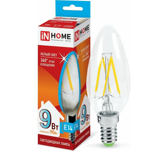 Светодиодная лампа IN HOME LED-СВЕЧА-deco 9Вт 230В Е14 4000К 810Лм прозрачная 4690612026206