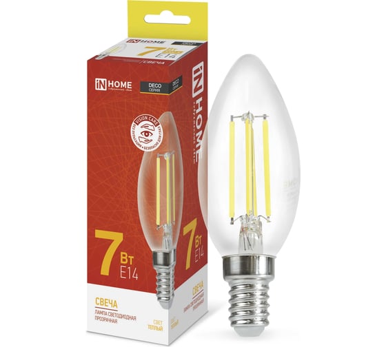 Светодиодная лампа IN HOME LED-СВЕЧА-deco 7Вт 230В Е14 3000К 810Лм прозрачная 4690612007601