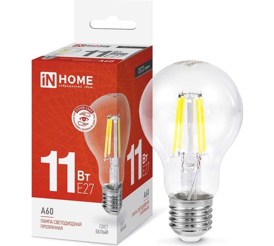 Светодиодная лампа IN HOME LED-A60-deco 11Вт 230В Е27 4000К 1160Лм прозрачная 4690612026145 1