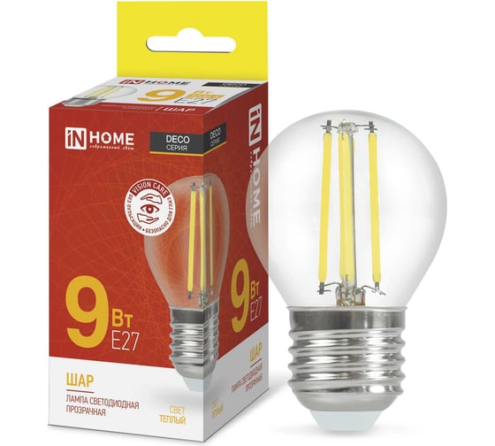 Светодиодная лампа IN HOME LED-ШАР-deco 9Вт 230В Е27 3000К 1040Лм прозрачная 4690612026268 1