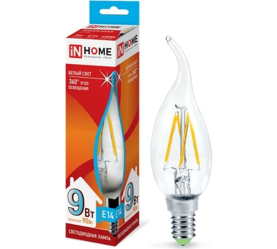 Светодиодная лампа IN HOME LED-СВЕЧА НА ВЕТРУ-deco 9Вт 230В Е14 4000К 810Лм прозрачная 4690612026244