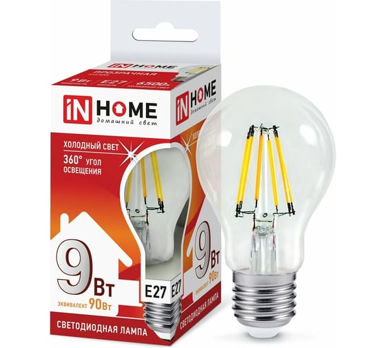 Светодиодная лампа IN HOME LED-A60-deco 9Вт 230В Е27 6500К 810Лм прозрачная 4690612026107