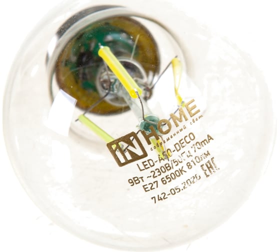Светодиодная лампа IN HOME LED-A60-deco 9Вт 230В Е27 6500К 810Лм прозрачная 4690612026107
