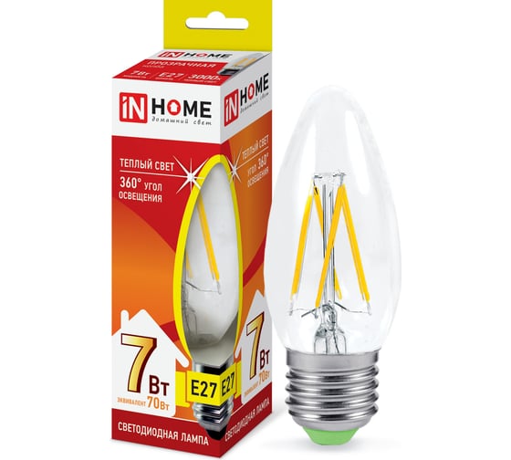 Светодиодная лампа IN HOME LED-СВЕЧА-deco 7Вт 230В Е27 3000К 630Лм прозрачная 4690612016382