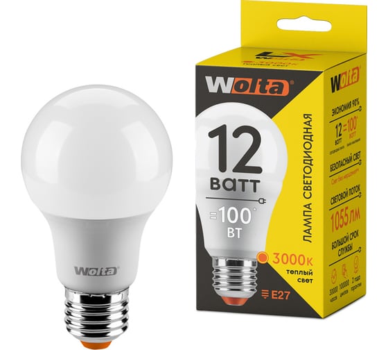 Лампа Wolta LED 12Вт, 3000К Теплый свет, цоколь Е27, 1055Лм 30Y60BL12E27 1