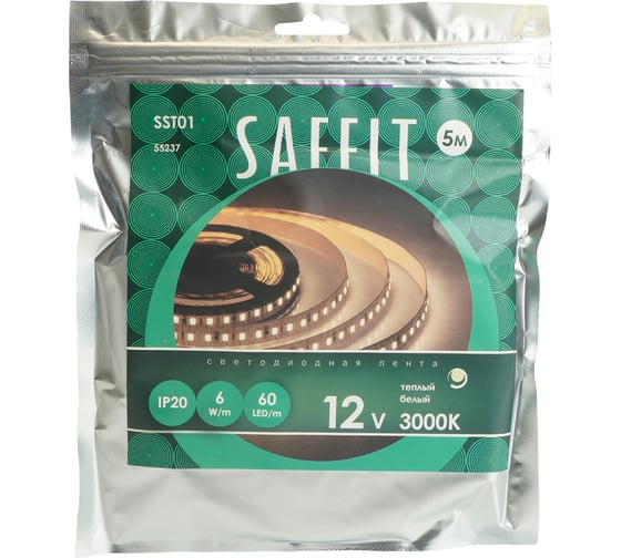 Светодиодная лента SAFFIT SST01 60SMD(2835)/m 6Вт/м 12V 5000x8x1.22мм 3000K, IP20, 55237