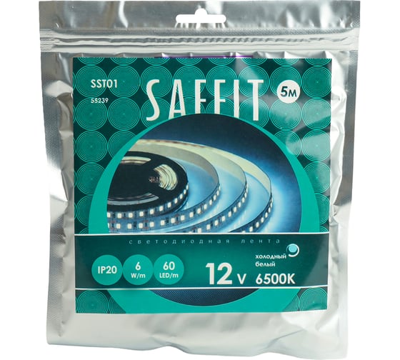 Светодиодная лента SAFFIT SST01 60SMD(2835)/m 6Вт/м 12V 5000x8x1.22мм 6500K, IP20, 55239