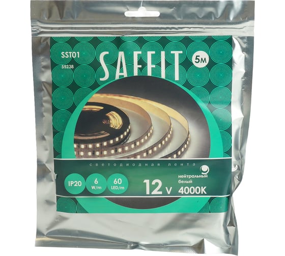 Светодиодная лента SAFFIT SST01 60SMD(2835)/m 6Вт/м 12V 5000x8x1.22мм 4000K, IP20, 55238