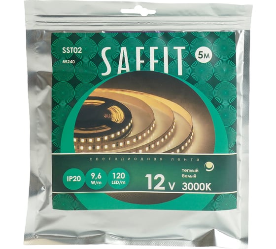 Светодиодная лента SAFFIT SST02 120SMD(2835)/м 9.6Вт/м 12V 5000x8x1.22мм 3000К, IP20, 55240