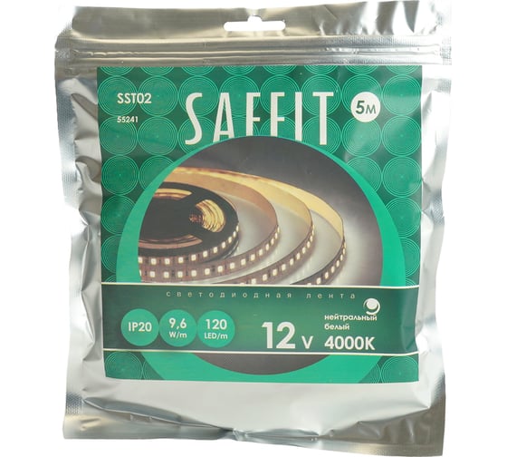 Светодиодная лента SAFFIT SST02 120SMD(2835)/м 9.6Вт/м 12V 5000x8x1.22мм 4000К, IP20, 55241