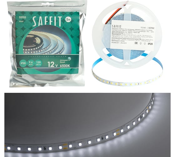 Светодиодная лента SAFFIT SST02 120SMD(2835)/м 9.6Вт/м 12V 5000x8x1.22мм 6500К, IP20, 55242