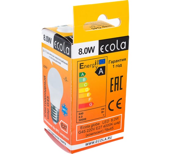 Светодиодная лампа Ecola globe LED 8,0W G45 220V E27 4000K шар /композит/ 78x45 K7GV80ELC
