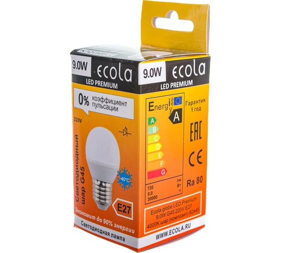 Светодиодная лампа Ecola globe LED Premium 9,0W G45 220V E27 4000K шар /композит/ 82x45 K7QV90ELC