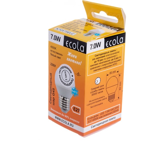 Светодиодная лампа Ecola globe LED 7,0W G45 220V E27 4000K шар /композит/ 82x45 K7GV70ELC