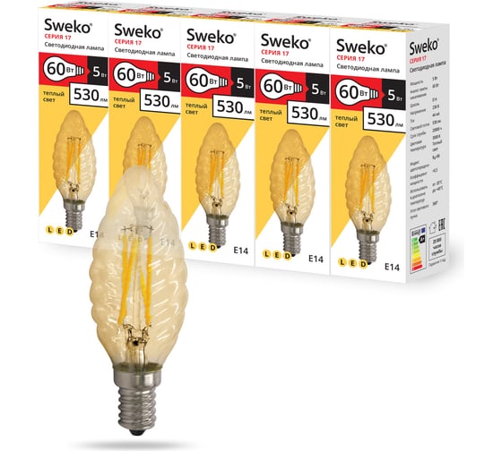 Светодиодная лампа Sweko 5 шт 17LED-C35-5W-230-3000K-E14-WG