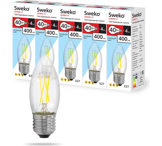 Светодиодная лампа Sweko 5 шт 17LED-C35-4W-230-4000K-E27-CL