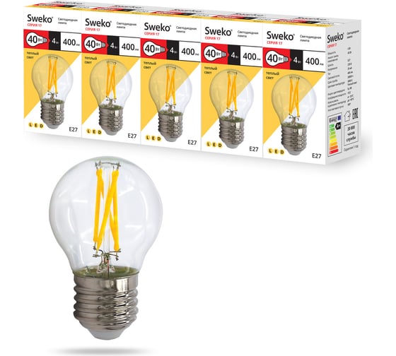 Светодиодная лампа Sweko 5 шт 17LED-G45-4W-230-3000K-E27-CL 1