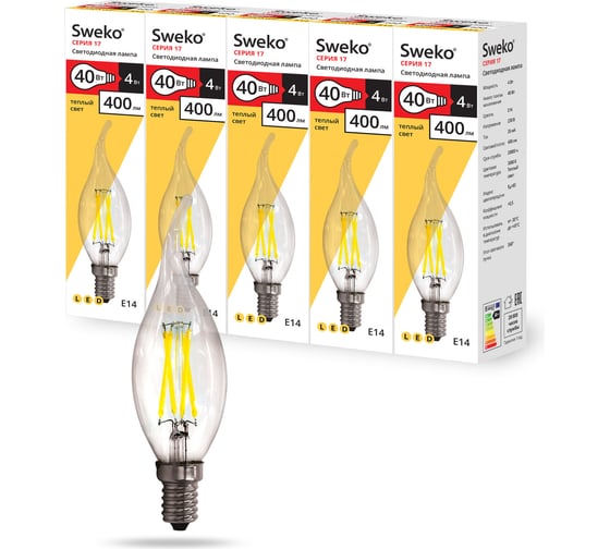 Светодиодная лампа Sweko 5 шт 17LED-C35-4W-230-3000K-E14-TCL 1