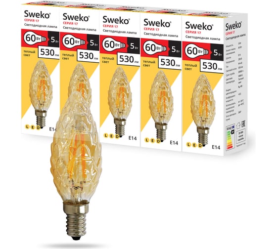 Светодиодная лампа Sweko 5 шт 17LED-C35-5W-230-3000K-E14-CG