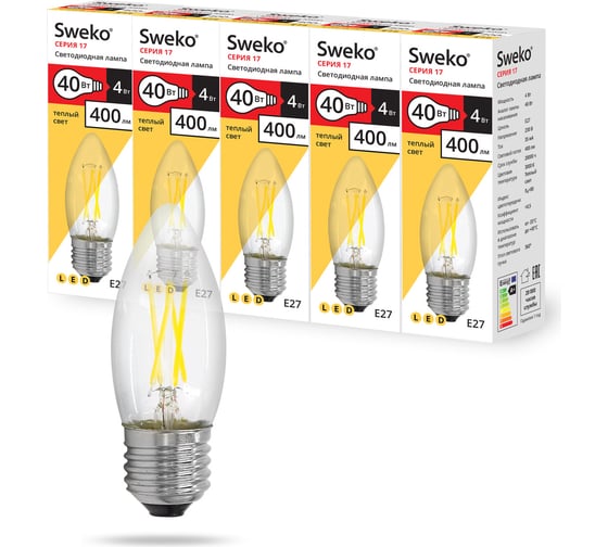 Светодиодная лампа Sweko 5 шт 17LED-C35-4W-230-3000K-E27-CL