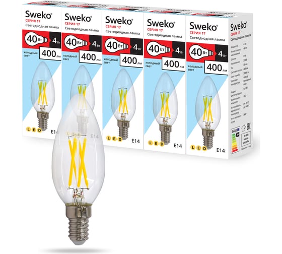 Светодиодная лампа Sweko 5 шт 17LED-C35-4W-230-4000K-E14-CL