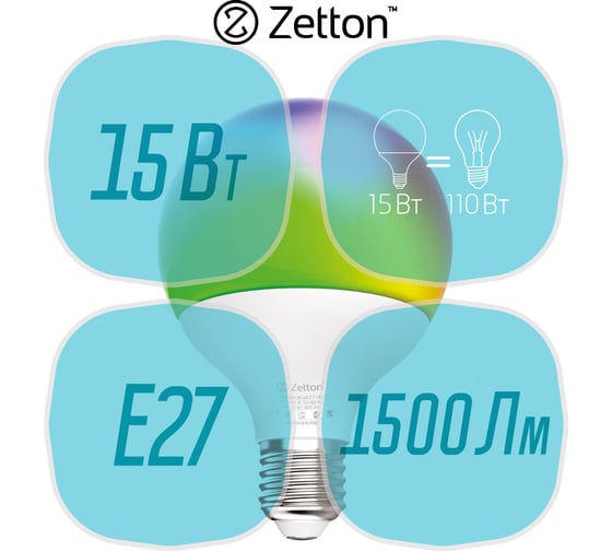 Умная лампа Zetton LED RGBCW Wi-Fi Bulb G80 E27 10Вт ZTSHLBRGBCWE271RU