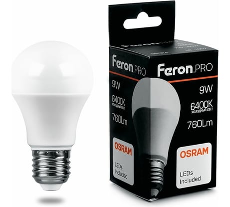 Светодиодная лампа FERON PRO LB-1009 шар E27 9W 6400K OSRAM LED 38028