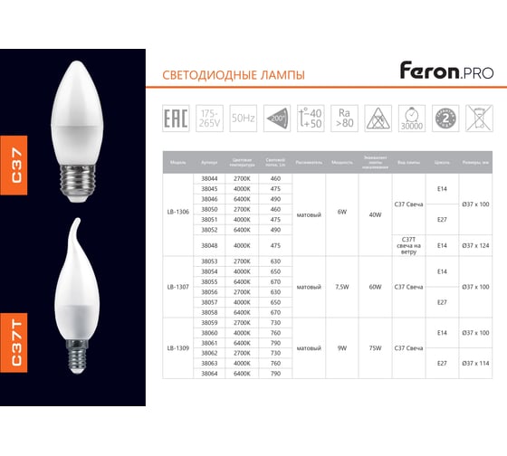 Светодиодная лампа FERON PRO LB-1306 Свеча E27 6W 2700K OSRAM LED 38050