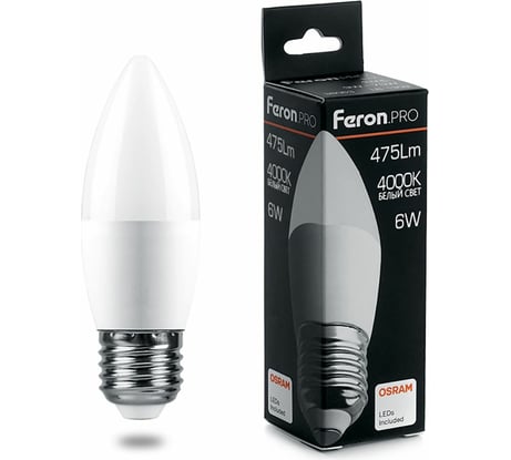 Светодиодная лампа FERON PRO LB-1306 Свеча E27 6W 4000K OSRAM LED 38051