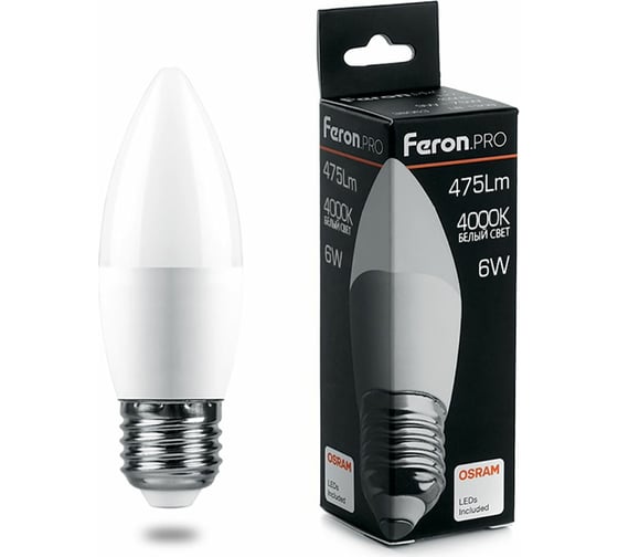 Светодиодная лампа FERON PRO LB-1306 Свеча E27 6W 4000K OSRAM LED 38051 1