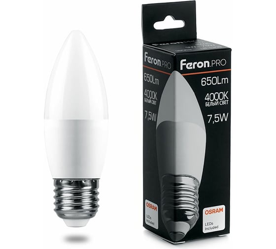 Светодиодная лампа FERON PRO LB-1307 Свеча E27 7.5W 4000K OSRAM LED 38057